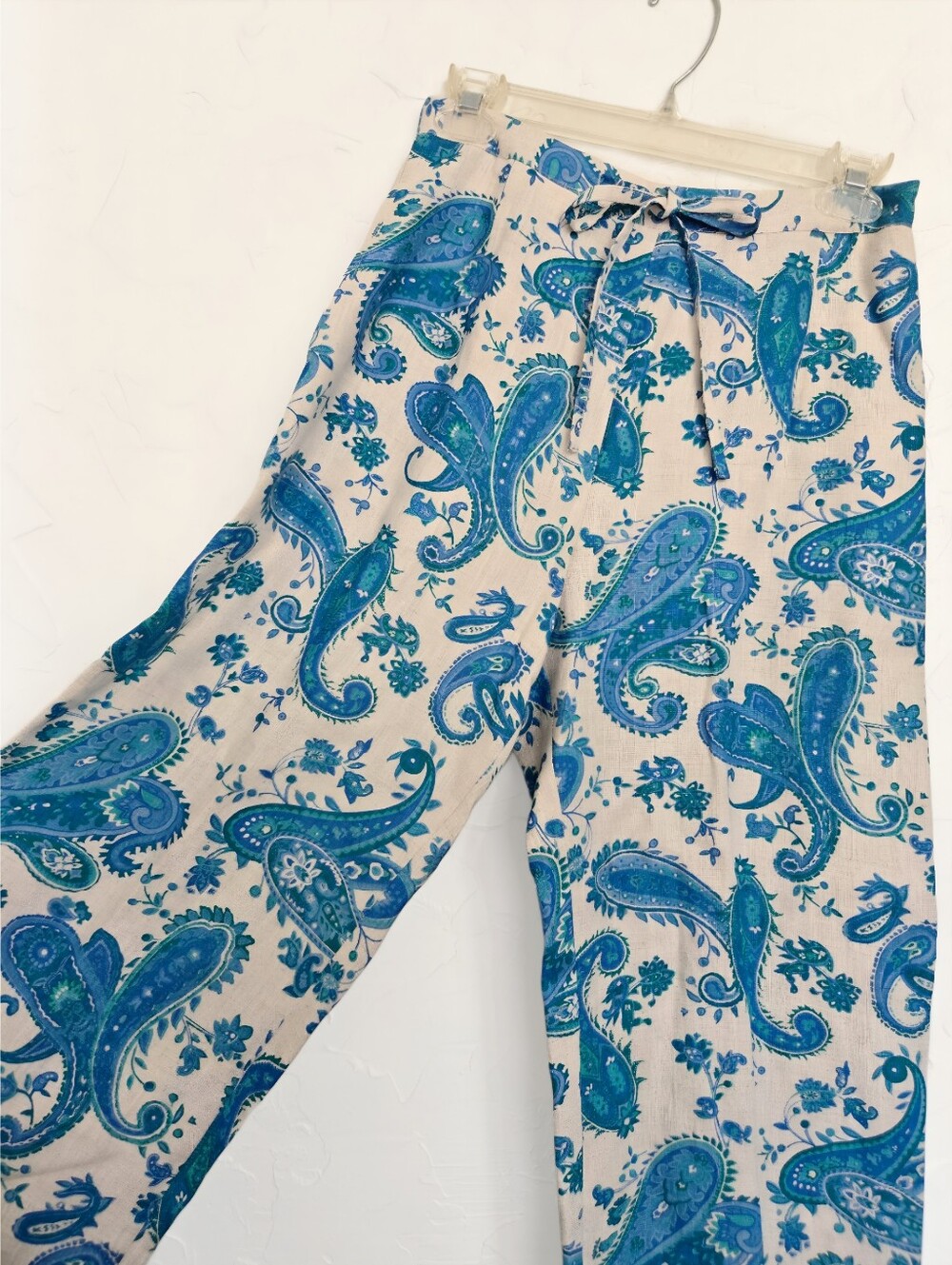 Vintage Linen Paisley Tan Blue Pull On Pants, S